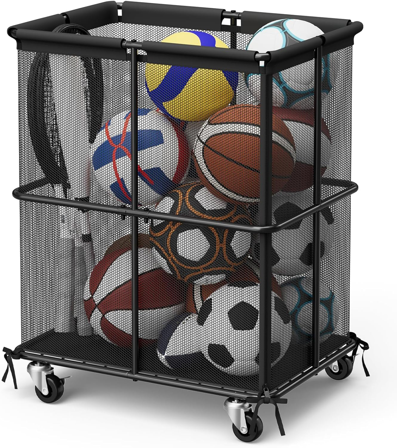 Ball Storage Bin Rolling Sports Ball Storage Cart Garage Sports Equipment Organizer Rack with Wheels Outdoor Basket Ball Cage for Garage, School, Gym, Yoga Room