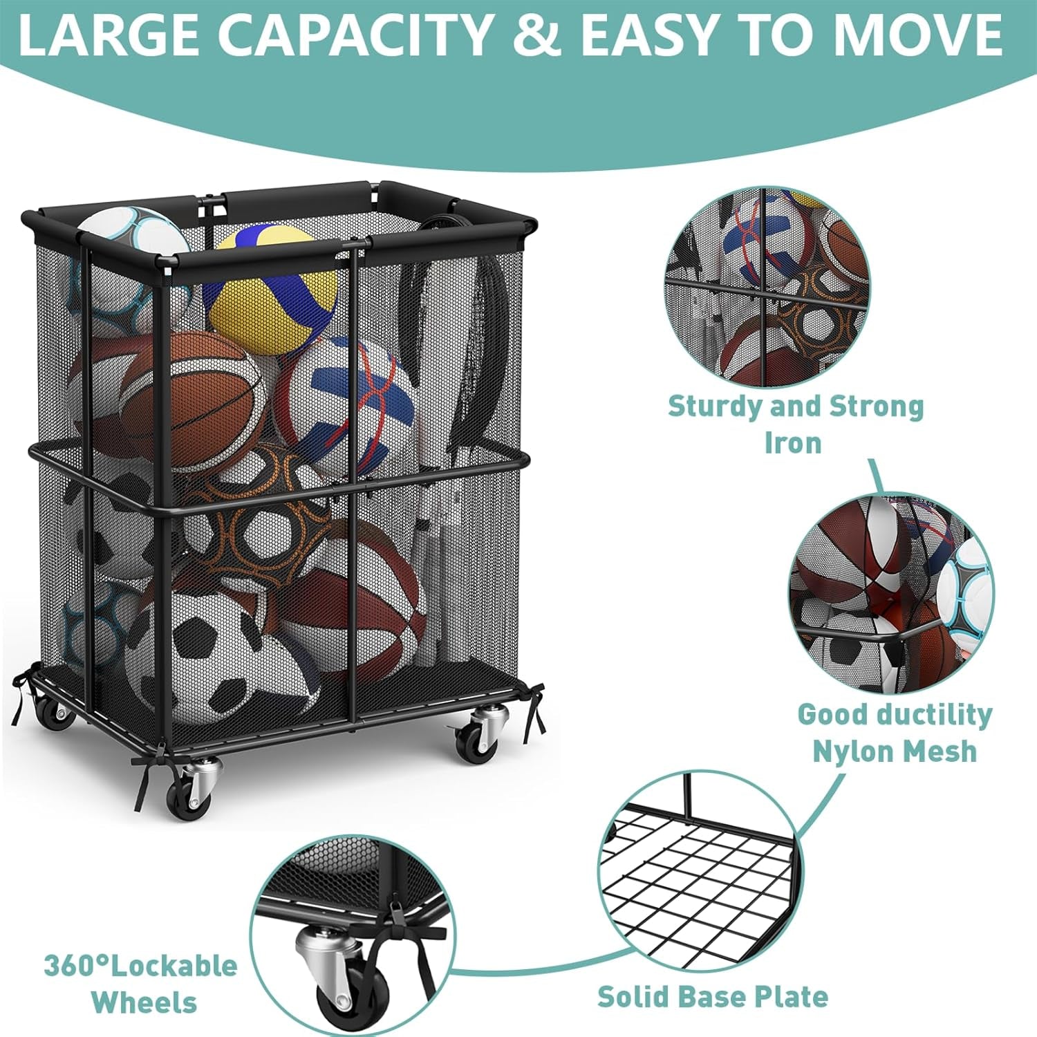 Ball Storage Bin Rolling Sports Ball Storage Cart Garage Sports Equipment Organizer Rack with Wheels Outdoor Basket Ball Cage for Garage, School, Gym, Yoga Room