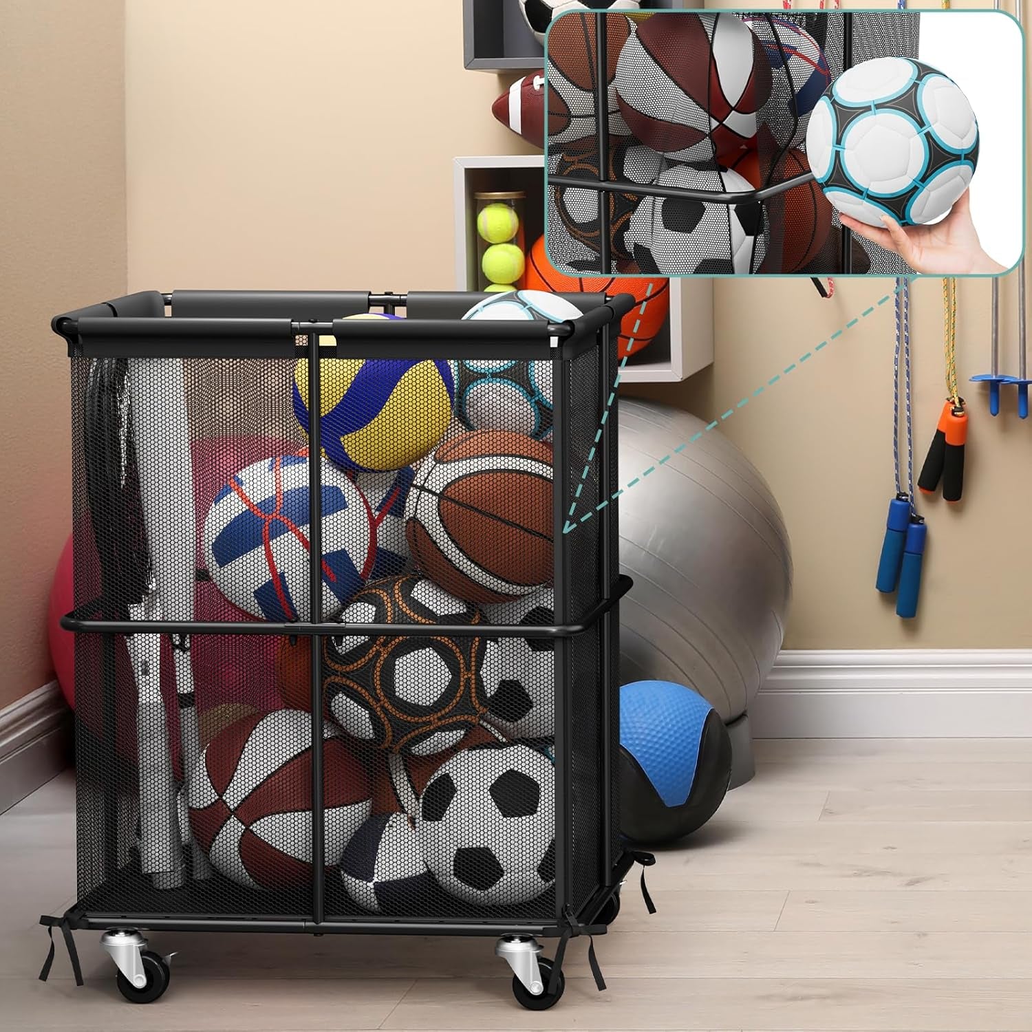 Ball Storage Bin Rolling Sports Ball Storage Cart Garage Sports Equipment Organizer Rack with Wheels Outdoor Basket Ball Cage for Garage, School, Gym, Yoga Room