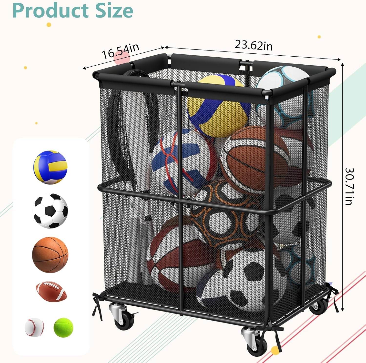 Ball Storage Bin Rolling Sports Ball Storage Cart Garage Sports Equipment Organizer Rack with Wheels Outdoor Basket Ball Cage for Garage, School, Gym, Yoga Room